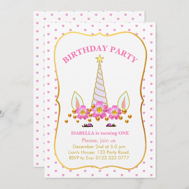 Unicorn, Flowers and Confetti Birthday Invitation (Front/Back)