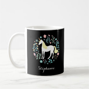 Unicorn & Flowers Black Personalised Coffee Mug