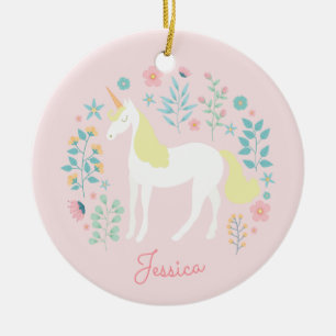 Unicorn Flowers Blush Pink Personalized Ceramic Ornament