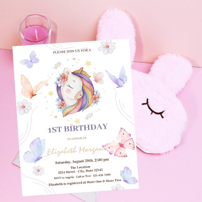 Unicorn Flowers Butterfly Dots Birthday Invitation (Creator Uploaded)