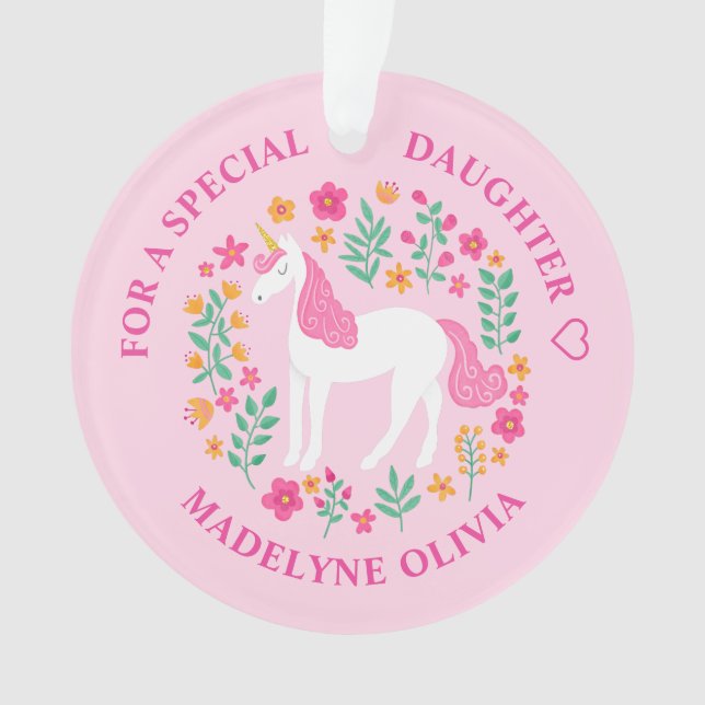 Unicorn Flowers Cute Pink Daughter Ornament (Front)
