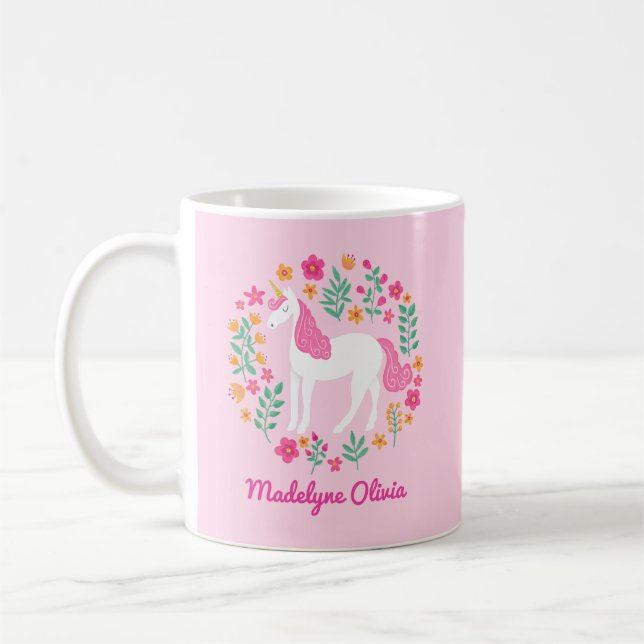 Unicorn Flowers Cute Pink Personalised Name Coffee Mug (Left)