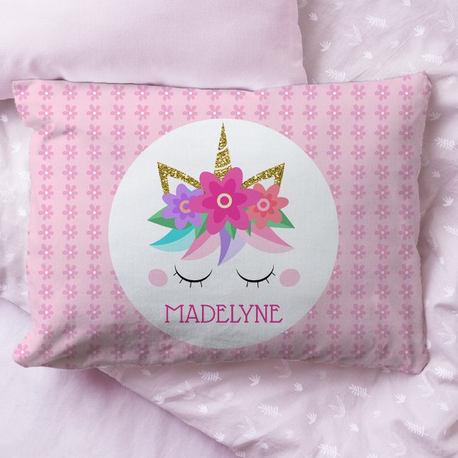 Unicorn Flowers Cute Pink Personalised Name Pillowcase (Creator Uploaded)