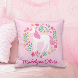 Unicorn Flowers Cute Pink Personalized Name Cushion
