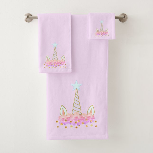Unicorn, Flowers & Gold Confetti Bath Towel Set (Insitu)