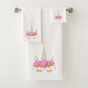 Unicorn, Flowers & Gold Confetti Bath Towel Set
