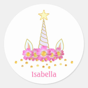 Unicorn, flowers, gold confetti & calligraphy classic round sticker