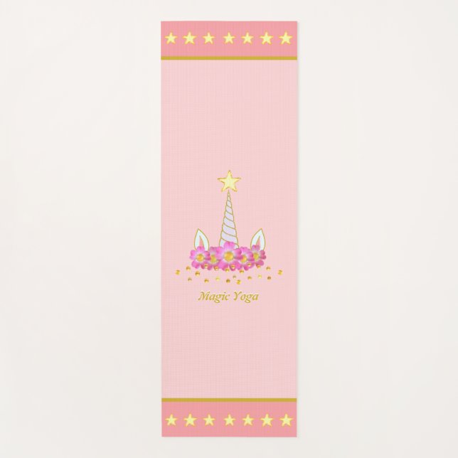 Unicorn, flowers, gold confetti & stars on coral yoga mat (Front)