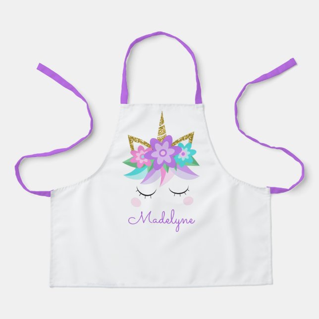 Unicorn Flowers Gold Glitter Personalised Apron (Front)