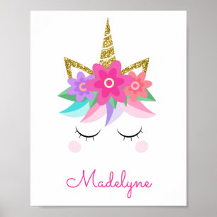 Unicorn Flowers Gold Glitter Personalised Name Poster