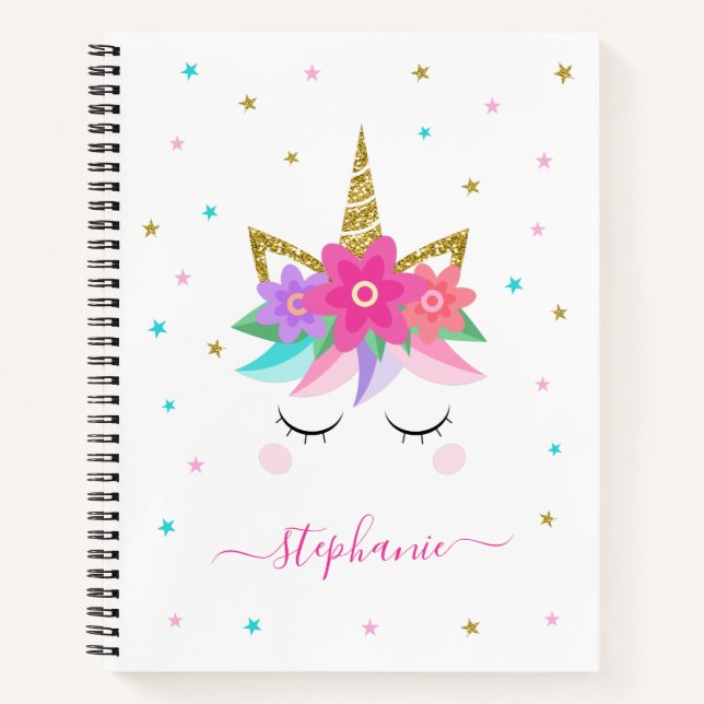 Unicorn Flowers Gold Glitter Personalised Notebook (Front)