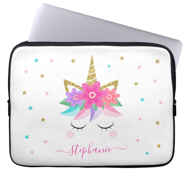 Unicorn Flowers Gold Glitter Personalized Laptop Sleeve (Front)