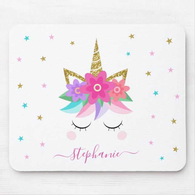 Unicorn Flowers Gold Glitter Personalized Mouse Pad (Front)