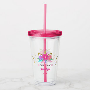 Unicorn Flowers Gold Glitter Stars Personalised Acrylic Tumbler