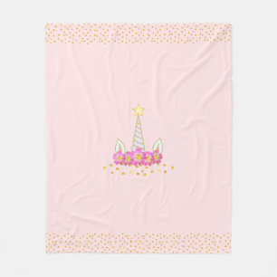 Unicorn, flowers & golden confetti on light pink f fleece blanket