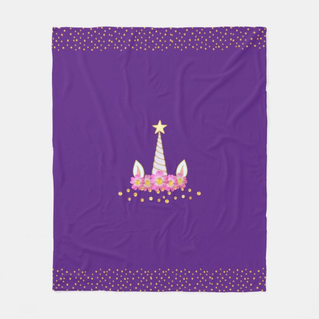 Unicorn, flowers & golden confetti on royal purple fleece blanket (Front)