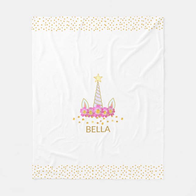 Unicorn, flowers & golden confetti on white fleece blanket (Front)