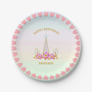 Unicorn, Flowers, Hearts & Gold Dots Paper Plate
