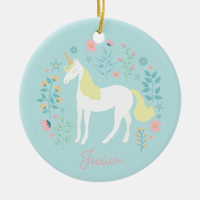 Unicorn Flowers Pink Aqua Personalised Ceramic Ornament (Front)