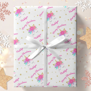 Unicorn Flowers Pink Personalized Christmas Wrapping Paper