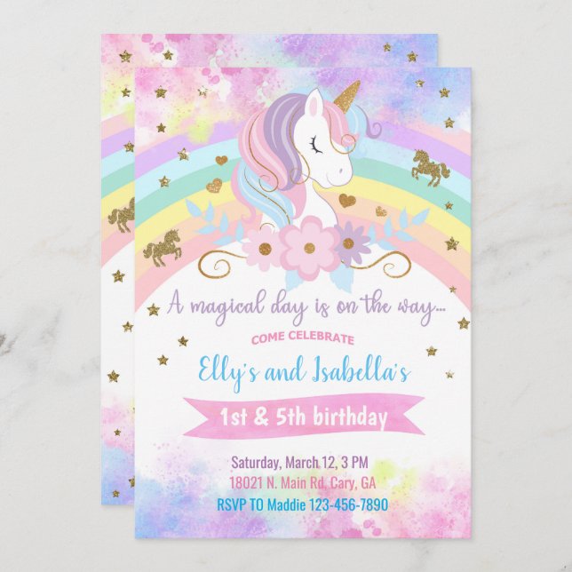 Unicorn & flowers siblings birthday invitation. invitation (Front/Back)