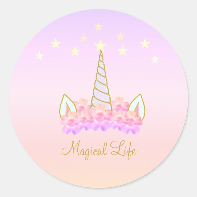 Unicorn Flowers Stars Classic Round Sticker (Front)
