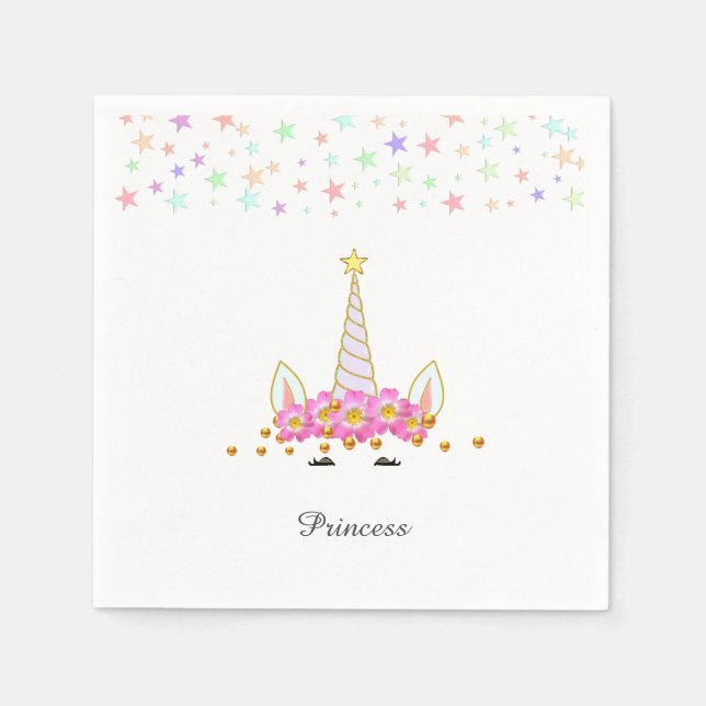 Unicorn, Flowers, Stars & Gold Confetti Birthday Napkin (Front)