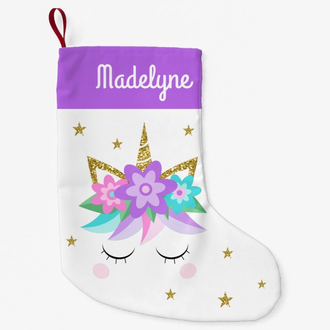 Unicorn Flowers Stars Personalised Name Purple Small Christmas Stocking (Front)