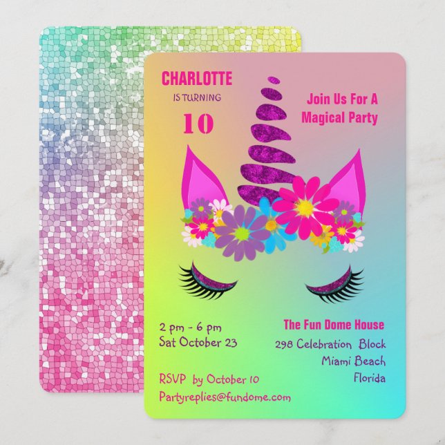 Unicorn Flowery Super Cute Girly Birthday Invite (Front/Back)