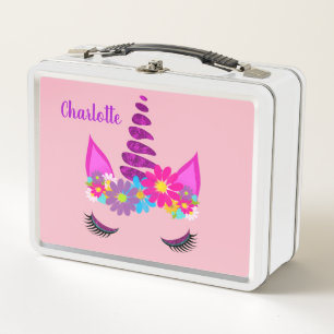 Unicorn Flowery Super Cute Girly Personalised Metal Lunch Box