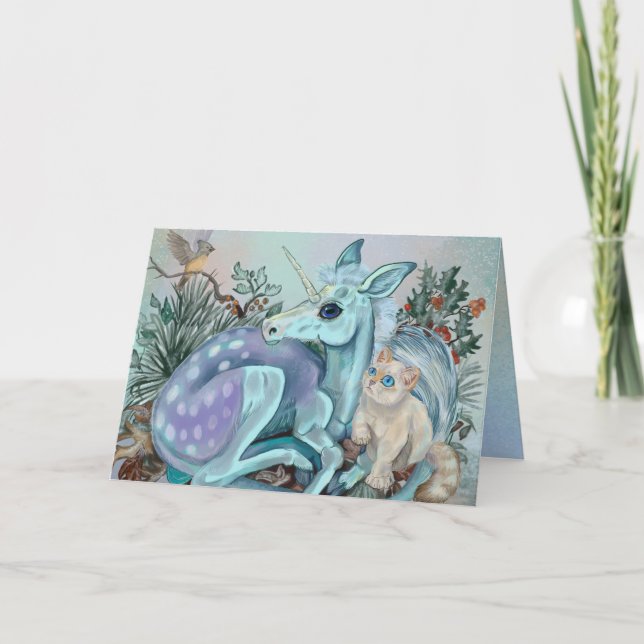 Unicorn Foal Cosy Cuddles Folded Holiday Card (Front)