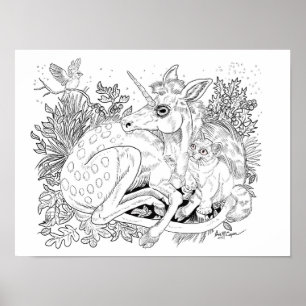 Unicorn Foal Enchanted Friends Colouring Page Poster
