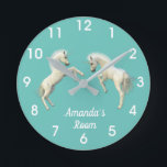 Unicorn Foals Personalized name Child Room Round Clock<br><div class="desc">This design was created though digital art. It may be personalized in the area provide or customizing by choosing the click to customize further option and changing the name, initials or words. You may also change the text color and style or delete the text for an image only design. Contact...</div>