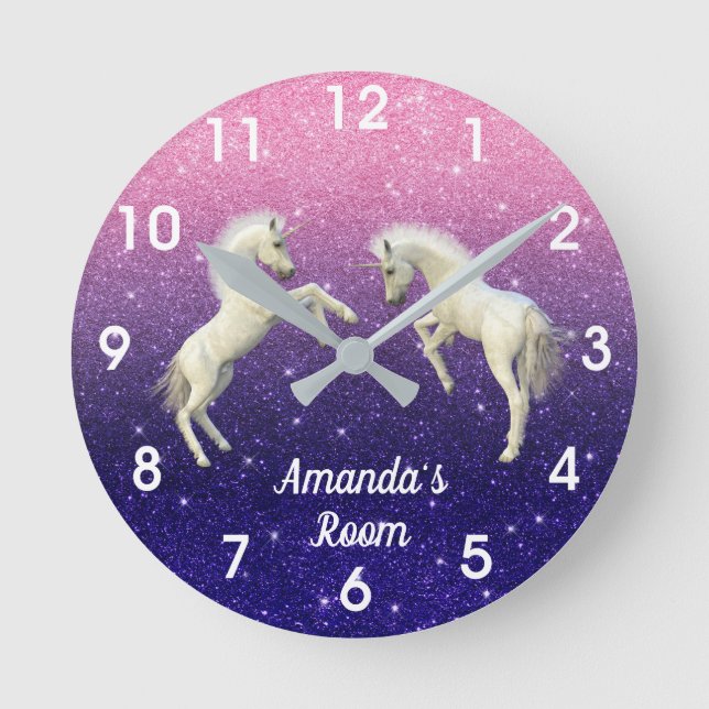 Unicorn Foals Purple Pink Glitter Personalized Round Clock (Front)