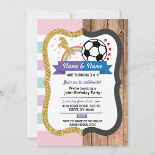Unicorn & Football Joint Birthday Girl Boy Sports Invitation