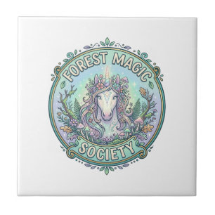 Unicorn Forest Magic Society Graphic Design White Ceramic Tile