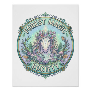 Unicorn Forest Magic Society Graphic Design White Poster