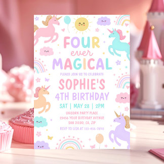 Unicorn Four Ever Magical 4th Birthday Invitation