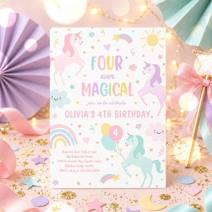 Unicorn Four Ever Magical 4th Party Birthday Party Invitation