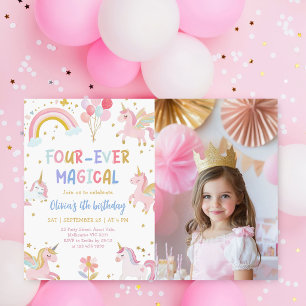 Unicorn Four Ever Magical 4th Party Birthday Photo Invitation