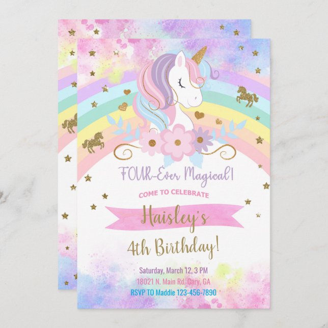 Unicorn four-ever magical birthday invitation. invitation (Front/Back)