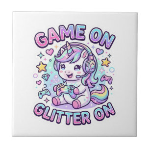 Unicorn Game On Glitter On Graphic Design Merch De Ceramic Tile