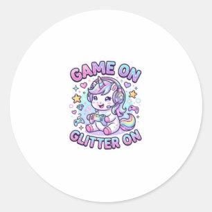 Unicorn Game On Glitter On Graphic Design Merch De Classic Round Sticker