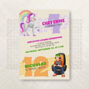 Unicorn Gamer Joint Double Birthday Invitation