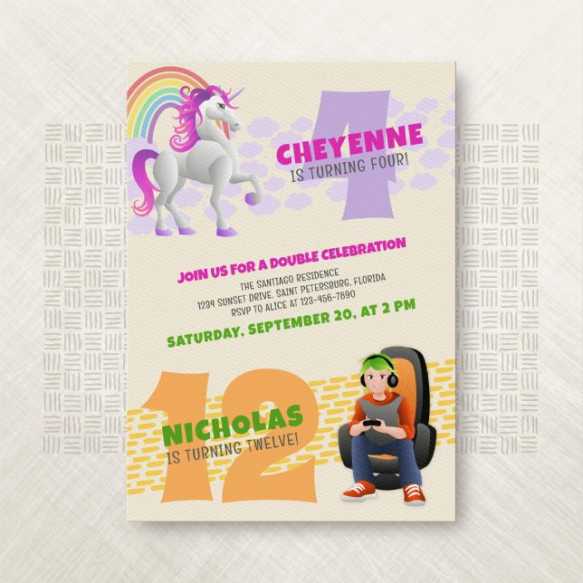 Unicorn Gamer Joint Double Birthday Invitation (Creator Uploaded)