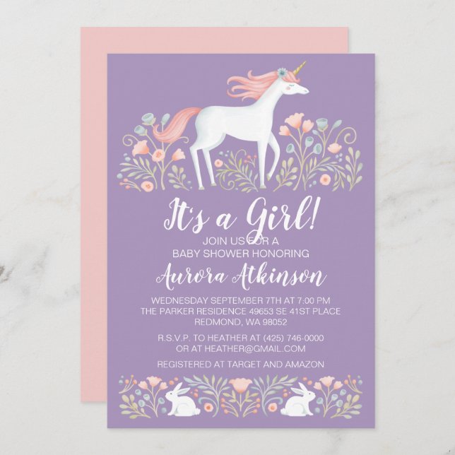 Unicorn Girl Baby Shower Invitation (Front/Back)