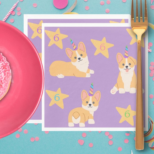 Unicorn Girl Birthday, Corgi Custom Age Napkin (Creator Uploaded)