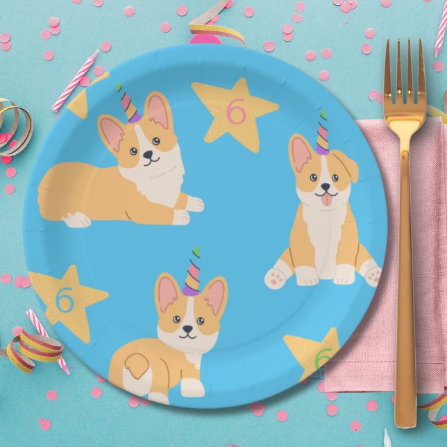 Unicorn Girl Birthday, Corgi Custom Age Paper Plate (Creator Uploaded)