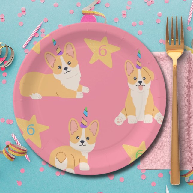 Unicorn Girl Birthday, Corgi Custom Age Paper Plate (Creator Uploaded)