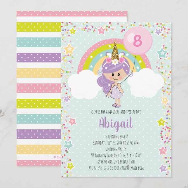 Unicorn Girl Birthday Invitations Any Age (Front/Back)
